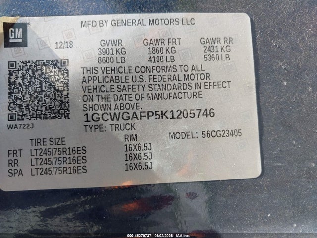 Продажа на аукционе авто 2019 Chevrolet Express 2500 Work Van, vin: 1GCWGAFP5K1205746, номер лота: 45279737