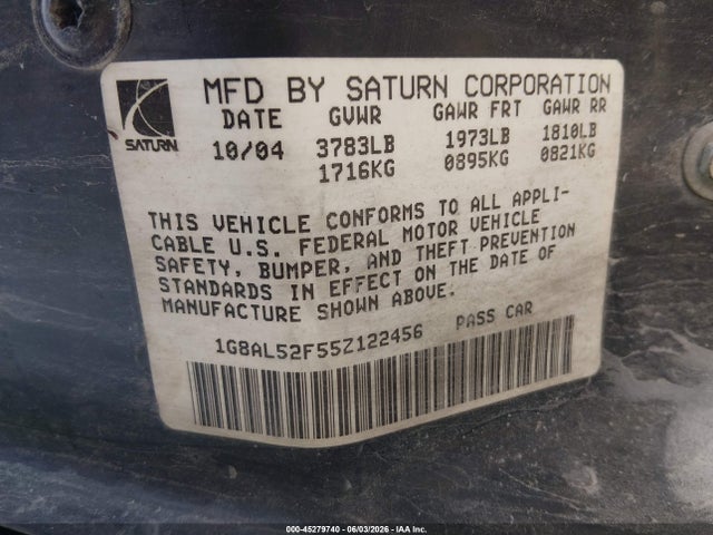 Aukcja sprzedaży 2005 Saturn Ion 3, vin: 1G8AL52F55Z122456, numer aukcji: 45279740