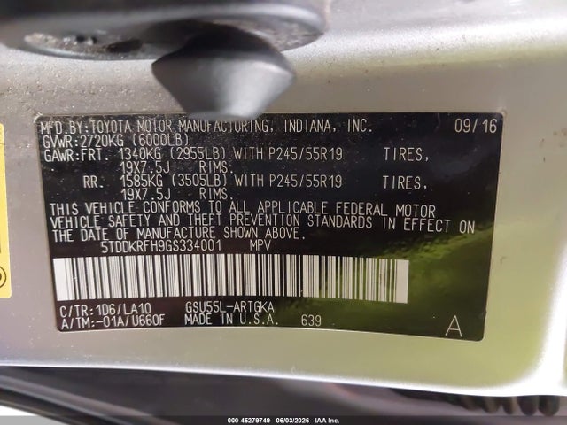 Aukcja sprzedaży 2016 Toyota Highlander Limited V6, vin: 5TDDKRFH9GS334001, numer aukcji: 45279749