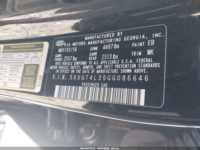 2016 Kia Optima Lx მანქანა იყიდება აუქციონზე, vin: 5XXGT4L39GG086646, აუქციონის ნომერი: 45279753