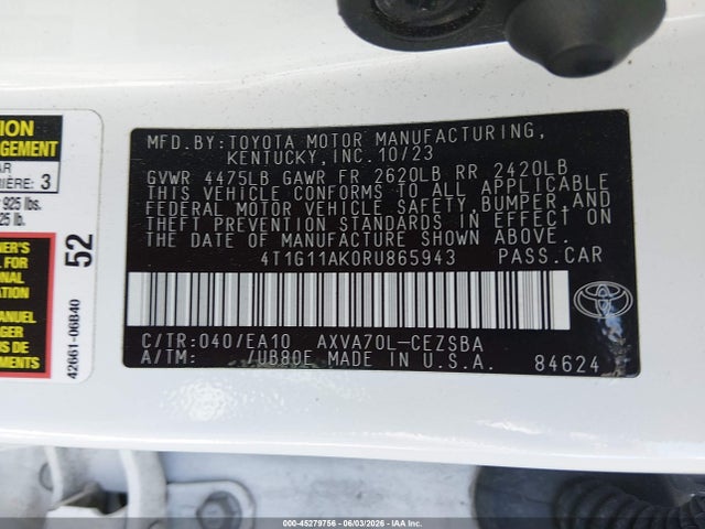 Продажа на аукционе авто 2024 Toyota Camry Se, vin: 4T1G11AK0RU865943, номер лота: 45279756