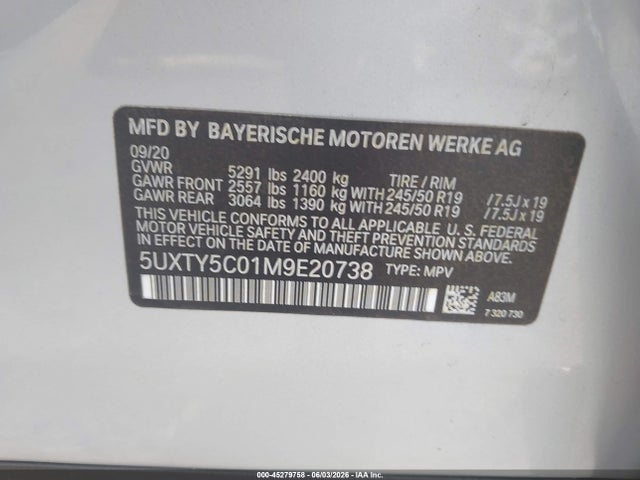 2021 Bmw X3 Xdrive30i მანქანა იყიდება აუქციონზე, vin: 5UXTY5C01M9E20738, აუქციონის ნომერი: 45279758