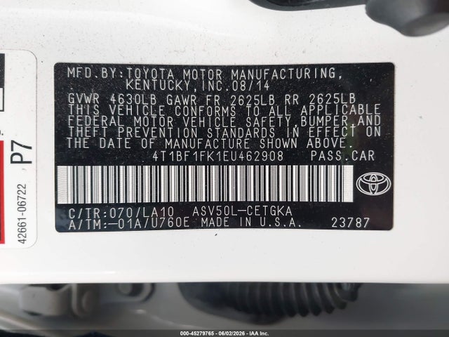 45279765 :رقم المزاد ، 4T1BF1FK1EU462908 vin ، 2014 Toyota Camry Xle مزاد بيع