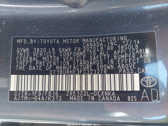 Aukcja sprzedaży 2015 Toyota Corolla Le, vin: 2T1BURHE3FC323278, numer aukcji: 45279773