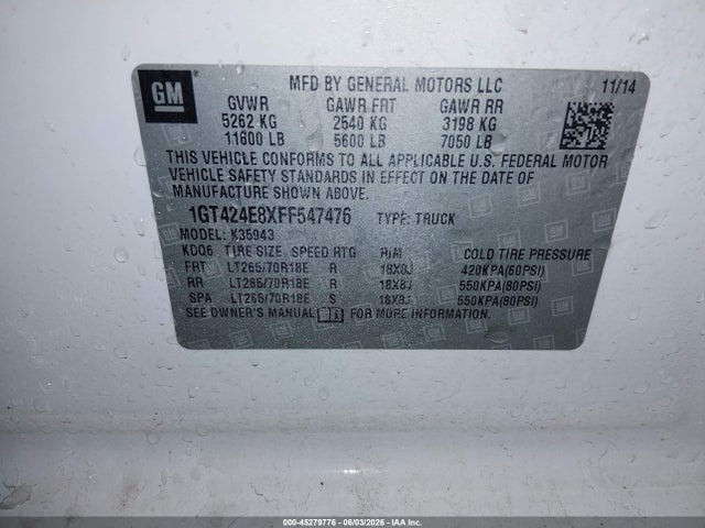 45279776 :رقم المزاد ، 1GT424E8XFF547476 vin ، 2015 Gmc Sierra 3500hd Denali مزاد بيع