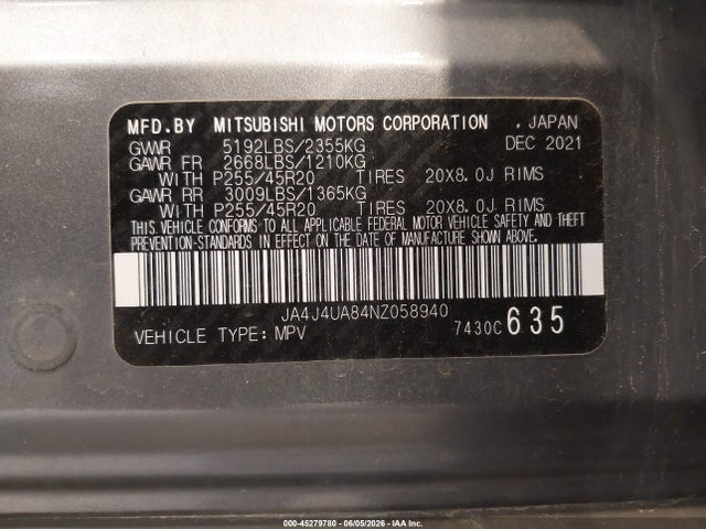 Aukcja sprzedaży 2022 Mitsubishi Outlander Black Edition S-awc, vin: JA4J4UA84NZ058940, numer aukcji: 45279780