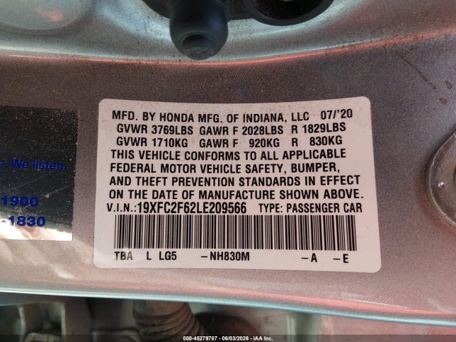 Honda Civic Lx 2020 19XFC2F62LE209566 Image 9