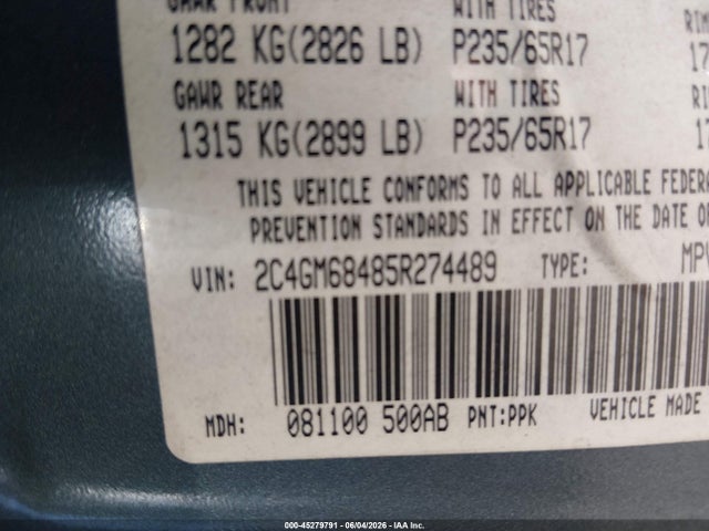 Продаж на аукціоні авто 2005 Chrysler Pacifica Touring, vin: 2C4GM68485R274489, номер лоту: 45279791