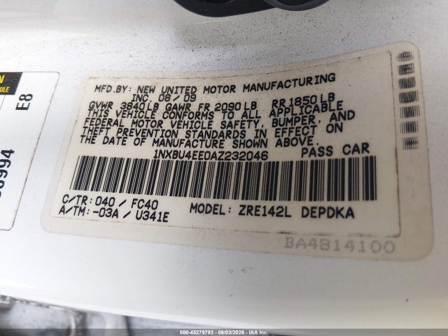 Продажа на аукционе авто 2010 Toyota Corolla Le, vin: 1NXBU4EE0AZ232046, номер лота: 45279793