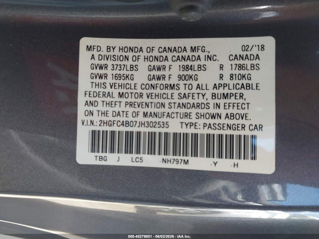 Продажа на аукционе авто 2018 Honda Civic Lx-p, vin: 2HGFC4B07JH302535, номер лота: 45279801