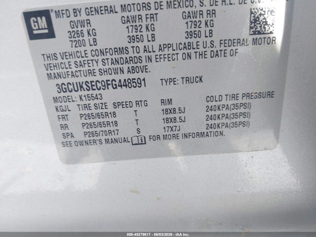 2015 Chevrolet Silverado 1500 2lz მანქანა იყიდება აუქციონზე, vin: 3GCUKSEC9FG448591, აუქციონის ნომერი: 45279817