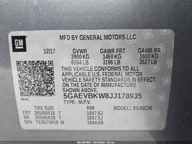45279821 :رقم المزاد ، 5GAEVBKW8JJ178935 vin ، 2018 Buick Enclave Premium مزاد بيع