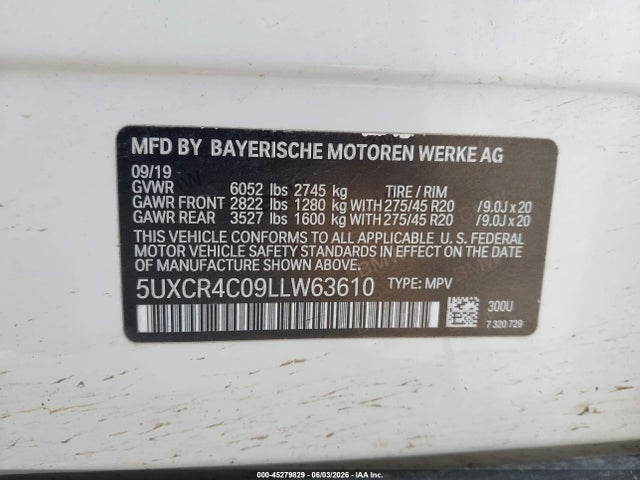 Продаж на аукціоні авто 2020 Bmw X5 Sdrive40i, vin: 5UXCR4C09LLW63610, номер лоту: 45279829