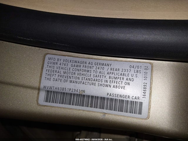 Aukcja sprzedaży 2001 Volkswagen Passat Glx, vin: WVWTH63B51P294316, numer aukcji: 45279842
