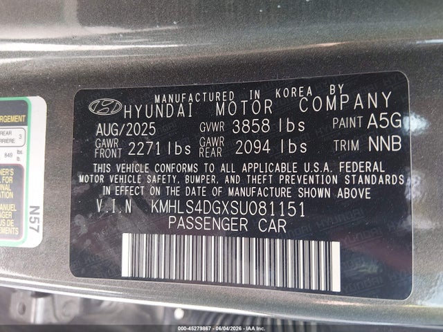 Aukcja sprzedaży 2025 Hyundai Elantra Sel Convenience, vin: KMHLS4DGXSU081151, numer aukcji: 45279867
