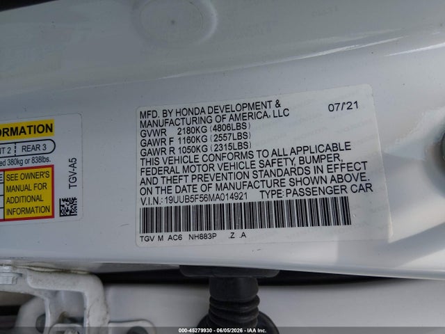 Aukcja sprzedaży 2021 Acura Tlx A-spec Package, vin: 19UUB5F56MA014921, numer aukcji: 45279930