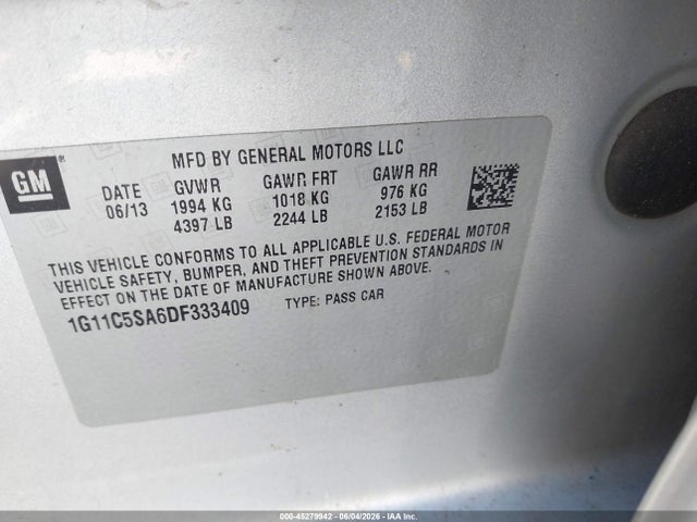 45279942 :رقم المزاد ، 1G11C5SA6DF333409 vin ، 2013 Chevrolet Malibu 1lt مزاد بيع