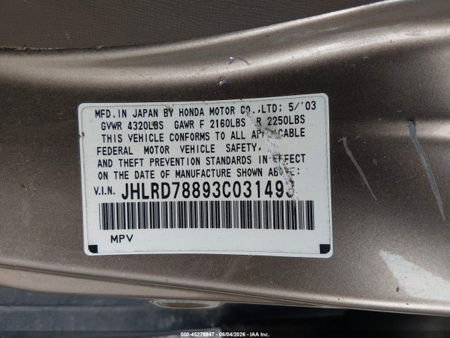 Продажа на аукционе авто 2003 Honda Cr-v Ex, vin: JHLRD78893C031493, номер лота: 45279947