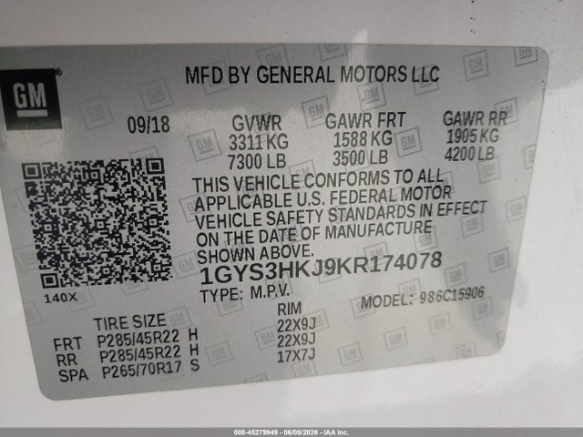 Продажа на аукционе авто 2019 Cadillac Escalade Esv Luxury, vin: 1GYS3HKJ9KR174078, номер лота: 45279949