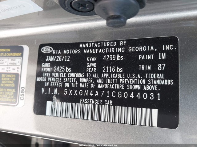 Aukcja sprzedaży 2012 Kia Optima Ex, vin: 5XXGN4A71CG044031, numer aukcji: 45279953