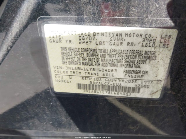 Aukcja sprzedaży 2008 Nissan Sentra 2.0, vin: 3N1AB61E78L624083, numer aukcji: 45279956