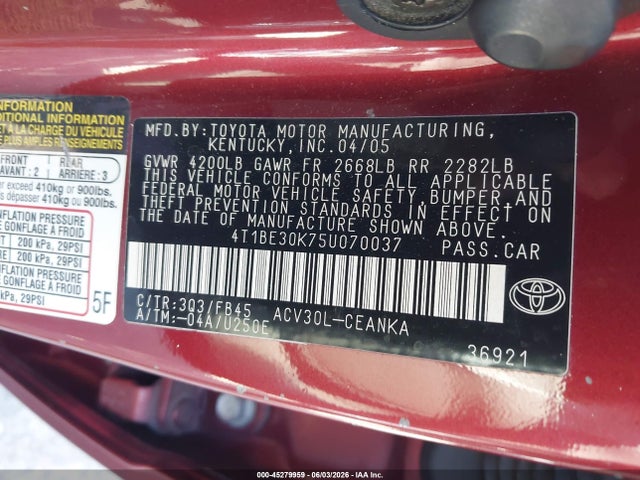 Aukcja sprzedaży 2005 Toyota Camry Le, vin: 4T1BE30K75U070037, numer aukcji: 45279959
