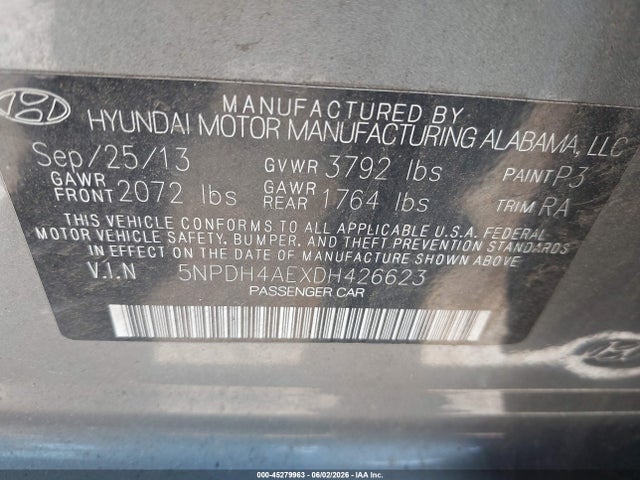 45279963 :رقم المزاد ، 5NPDH4AEXDH426623 vin ، 2013 Hyundai Elantra Gls مزاد بيع