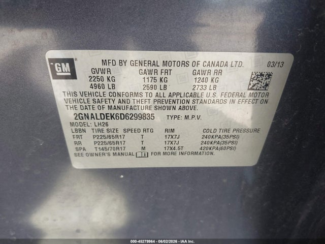 Продажа на аукционе авто 2013 Chevrolet Equinox 1lt, vin: 2GNALDEK6D6299835, номер лота: 45279964