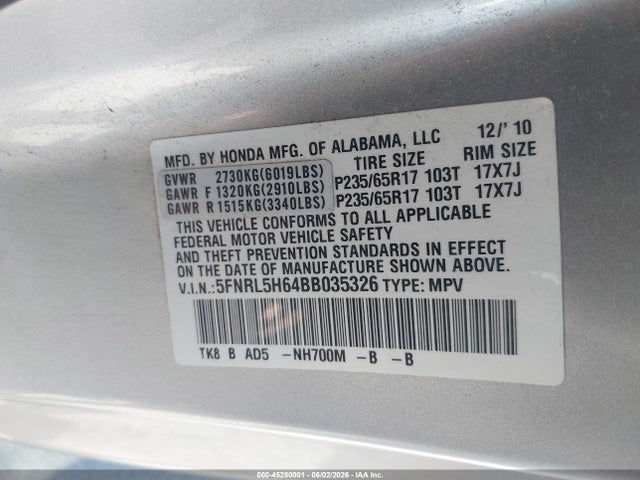 2011 Honda Odyssey Ex-l მანქანა იყიდება აუქციონზე, vin: 5FNRL5H64BB035326, აუქციონის ნომერი: 45280001