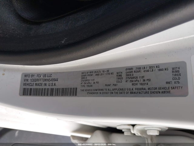 2021 Ram 1500 Big Horn  4x4 5'7 Box მანქანა იყიდება აუქციონზე, vin: 1C6SRFFT0MN549944, აუქციონის ნომერი: 45280002
