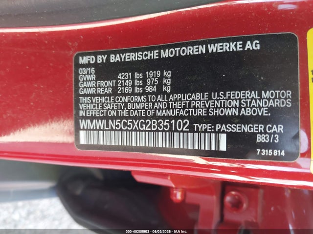 45280003 :رقم المزاد ، WMWLN5C5XG2B35102 vin ، 2016 Mini Clubman Cooper مزاد بيع