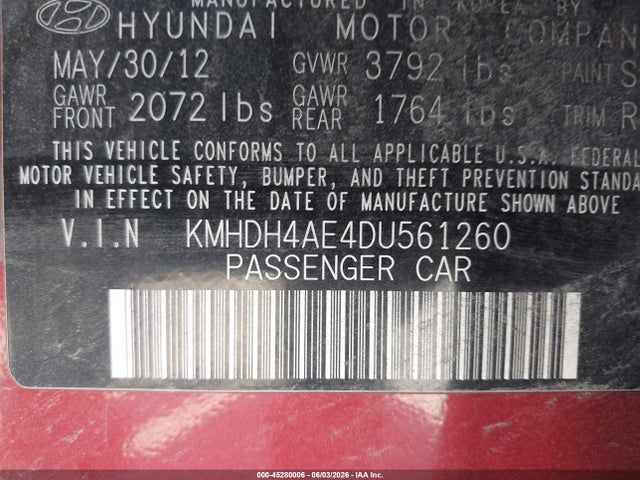 Продажа на аукционе авто 2013 Hyundai Elantra Limited, vin: KMHDH4AE4DU561260, номер лота: 45280006
