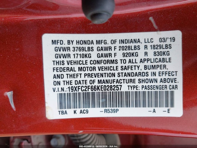 Honda Civic Lx 2019 19XFC2F66KE028257 Image 9