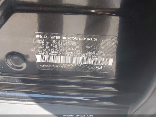 45280023 :رقم المزاد ، JA4AZ3A35LZ027077 vin ، 2020 Mitsubishi Outlander Sel 2.4 S-awc مزاد بيع