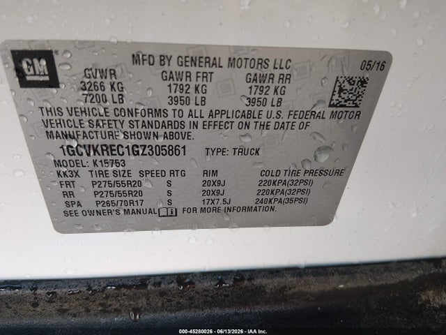 2016 Chevrolet Silverado 1500 1lt მანქანა იყიდება აუქციონზე, vin: 1GCVKREC1GZ305861, აუქციონის ნომერი: 45280026