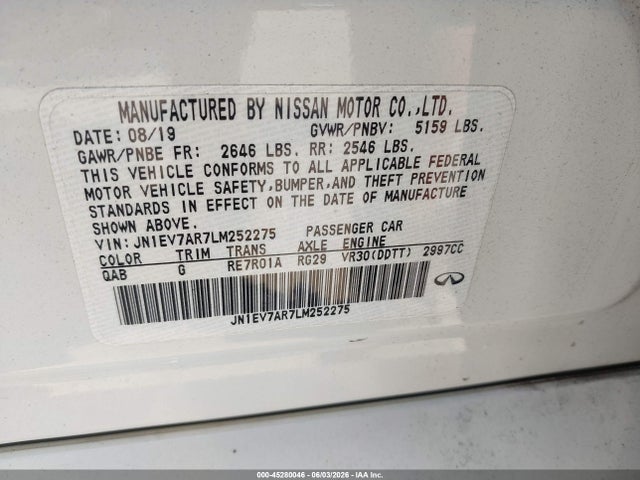 Aukcja sprzedaży 2020 Infiniti Q50 Sport Awd, vin: JN1EV7AR7LM252275, numer aukcji: 45280046