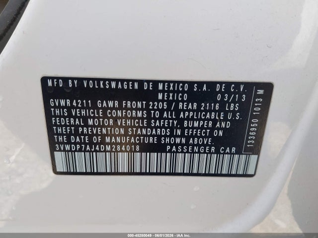 Aukcja sprzedaży 2013 Volkswagen Jetta 2.5l Se, vin: 3VWDP7AJ4DM284018, numer aukcji: 45280049
