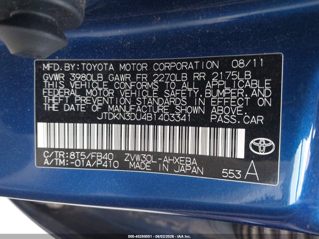 Продаж на аукціоні авто 2011 Toyota Prius Two, vin: JTDKN3DU4B1403341, номер лоту: 45280051