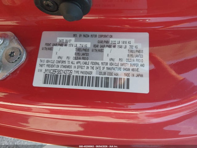 Aukcja sprzedaży 2008 Mazda Mx-5 Grand Touring, vin: JM1NC26F880143729, numer aukcji: 45280063