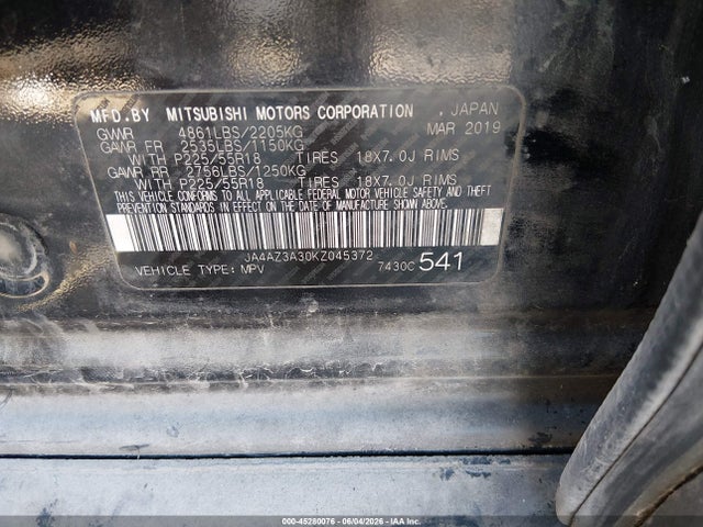 Auction sale of the 2019 Mitsubishi Outlander Se, vin: JA4AZ3A30KZ045372, lot number: 45280076