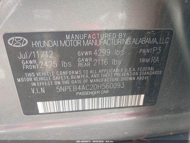 Продаж на аукціоні авто 2013 Hyundai Sonata Gls, vin: 5NPEB4AC2DH560093, номер лоту: 45280078