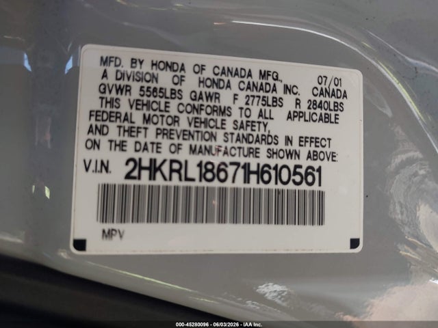 Aukcja sprzedaży 2001 Honda Odyssey Ex, vin: 2HKRL18671H610561, numer aukcji: 45280096