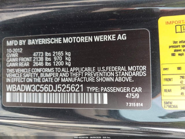 2013 Bmw 328i მანქანა იყიდება აუქციონზე, vin: WBADW3C56DJ525621, აუქციონის ნომერი: 45280104