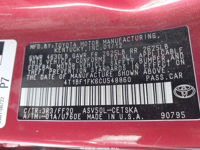 2012 Toyota Camry Se მანქანა იყიდება აუქციონზე, vin: 4T1BF1FK6CU548860, აუქციონის ნომერი: 45280109
