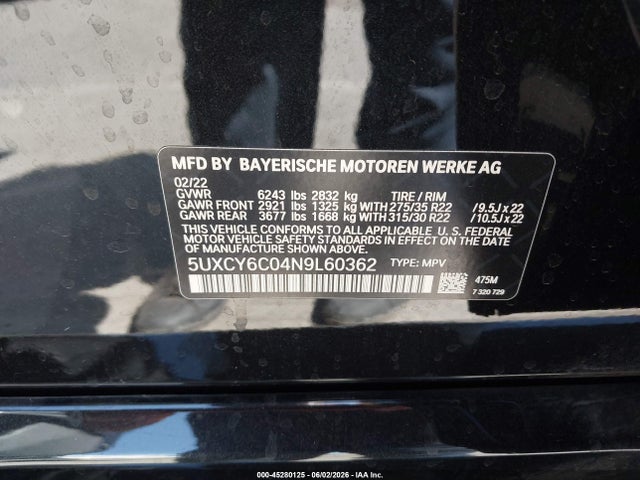 45280125 :رقم المزاد ، 5UXCY6C04N9L60362 vin ، 2022 Bmw X6 Xdrive40i مزاد بيع