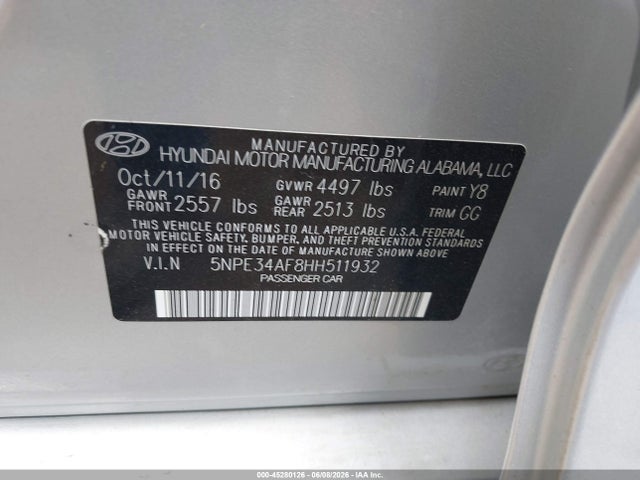 Aukcja sprzedaży 2017 Hyundai Sonata Sport, vin: 5NPE34AF8HH511932, numer aukcji: 45280126