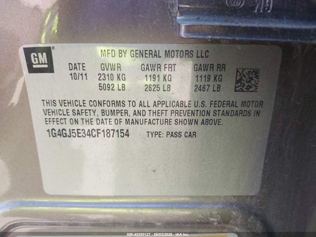 Продаж на аукціоні авто 2012 Buick Lacrosse Touring Group, vin: 1G4GJ5E34CF187154, номер лоту: 45280127