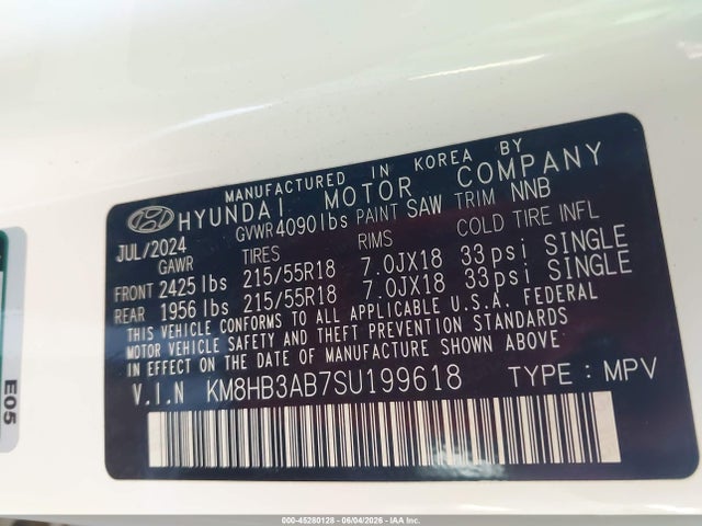 Продаж на аукціоні авто 2025 Hyundai Kona Sel, vin: KM8HB3AB7SU199618, номер лоту: 45280128