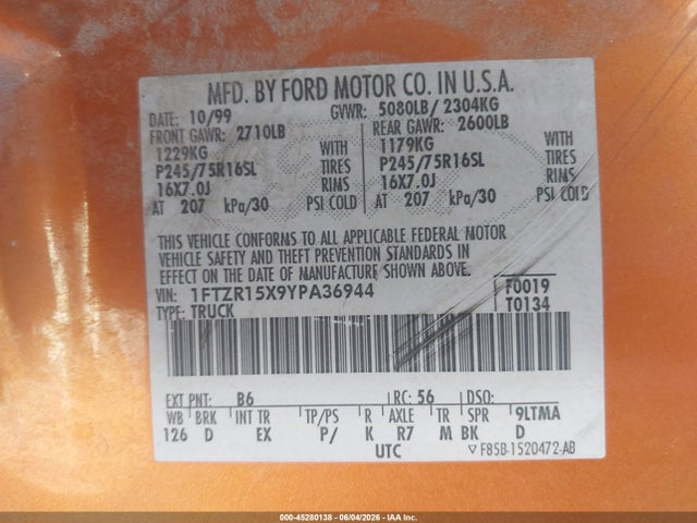 Aukcja sprzedaży 2000 Ford Ranger Xlt, vin: 1FTZR15X9YPA36944, numer aukcji: 45280138