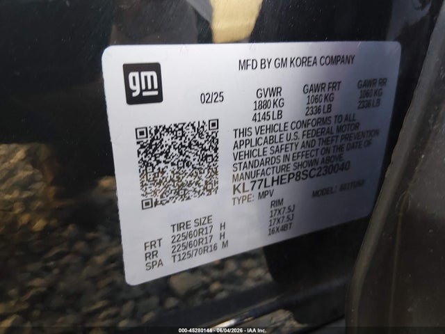 Продажа на аукционе авто 2025 Chevrolet Trax Fwd Lt, vin: KL77LHEP8SC230040, номер лота: 45280144